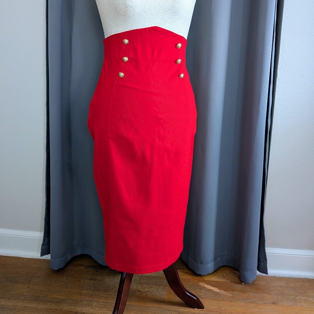 red Unique Vintage high waisted nautical pin-up wiggle pencil skirt, size L NWT